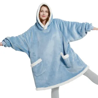 BEDSURE Hoodie Decke mit Ärmeln und Kapuze - Kuscheldecke mit Ärmeln Sherpa Kuschelpullover Damen als Geschenke für Frauen, Grau, 110x90cm, Hellblau, 95x83cm