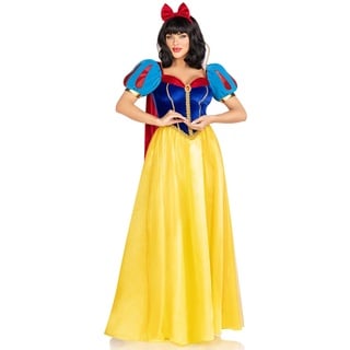 LEG AVENUE 3 PC Royal Miss Snow, includes classic velvet and satin long ball gown with braided gold trim and stay up collar, detachable velvet cape, and bow headband