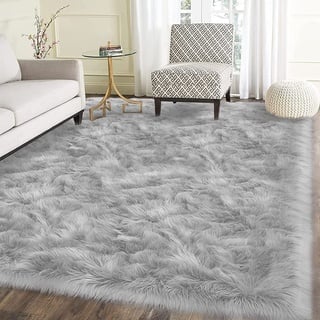 JXLOULAN Faux Lammfell Schaffell Teppich Grau 120x180 cm, Weicher Flauschiger Teppich Wohnzimmer Deko, Longhair Fell Lammfellimitat Carpet für Stühle Sofa Schlafzimmer Kinderzimmer