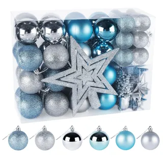 ilauke 70er Set Weihnachtsbaum Deko, Weihnachtskugeln Kunststoff Weihnachtsbaum Kugeln Christbaumkugeln Blau Mit Weihnachtsbau Deko Anhänger Für Christbaumschmuck Party Home