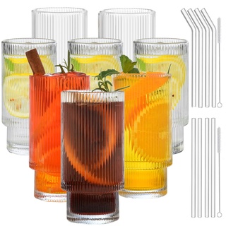 ALINK Cocktail Glasses, Set of 8,gerippte trinkgläser,Wassergläser,Longdrinkgläser,Iced Coffee Glasses with Straw, 2 Cleaning Brushes, for Family, Camping, Party, Bar-310 ML