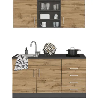 Pantryküche KOCHSTATION "KS-Mali", grau (küche: natur, front: wotaneiche, korpus: grau, arbeitsplatte: anthrazit), B:150cm H:200cm T:60cm, Komplettküchen-Sets, Pantryküche, Breite 150 cm, wahlweise mit E-Geräten