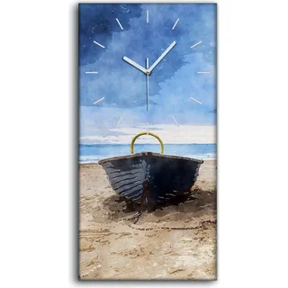 Dekor Leinwand Uhr Wandbilder Geräuschlos 30x60 Boote Wasser Himmel Strand - weiße Hände - Blau