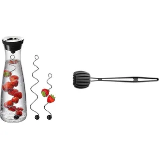 WMF Basic Wasserkaraffe Set 3-teilig, Karaffe 1l mit 2 Fruchtspieße verschiedene Größen, Glaskaraffe mit Deckel & Basic Flaschenbürste lang 41 cm, Reinigungsbürste mit 6 weichen Reinigungsschwämmen