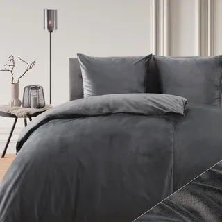 Blumtal Bettwäsche 200x200 & 2x 80x80cm Cashmere-Touch Plüsch in Dunkelgrau - Dunkelgrau