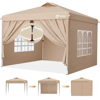 Sekey Faltpavillon 3x3 m Pop Up Gartenpavillon wasserdicht winterfest inkl 4 Seitenteilen Partyzelt für Garten Terrasse, Taupe - Taupe