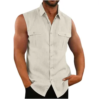 EMATOP Hemd Herren Ärmellos Sommer Tank Top Stringer Fitness Muskelshirt Baumwolle Leinen T-Shirt Casual Einfarbig Tankshirt Leicht Atmungsaktiv Hemdbluse Weste Shirts für Männer Funktionsshirt