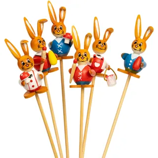 SIKORA OD22 Osterdeko Blumenstecker Osterhasen Figuren aus Holz mit Holzstäben 6er Set | Hochwertige Deko Stecker für Ostergestecke & Blumentöpfe | Höhe: 6 cm
