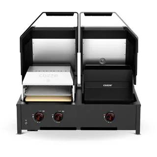 Cozze® Quattro 900 4-in-1 Gasgrill Station: Pizzaofen, Plancha, Grill & 800°C Steakzone – Inkl. Pizzastein & Gusseisenplatte mit 3 Brenner + Infrarot (13 kW)