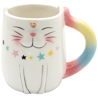 Dekohelden24 Kaffeebecher Kaffeetasse aus Keramik - Motiv: Einhorn Katze - Größe: ca. H/Ø: 10 x 7 cm/Fassungsvermögen: 300ml, Weiß