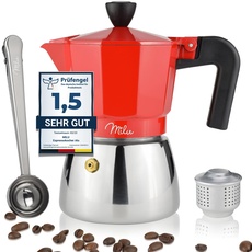 Milu Espressokocher Induktion geeignet | 3, 6, 9 Tassen | Aluminium Mokkakanne, Edelstahl Espressokanne, Espresso Maker Set inkl. Löffel, Bürste (Rot, 3 Tassen (150ml)