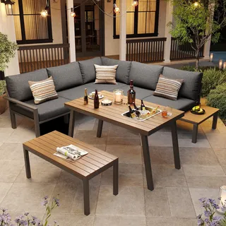 STILVORA Garten-Lounge-Set für 6–7 Personen mit verzinktem Eisenrahmen und extradicken Polstern, Gartenmöbel-Set wetterfest mit Kunststoffholz-Tischplatte und integriertem Eiskübel, Sitzgruppe mit hohem Komfort für Garten Grau - Grau