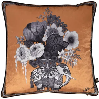 Laurence Llewelyn-Bowen Samtkissen mit indischem Elefanten-Druck, gefüllt, 43 x 43 cm, Schwarz & Gold, Orange