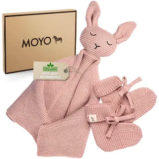 MOYO Baby Geschenk Set in Rosé I 2-teiliges Geschenkset mit gestricktem Schnuffeltuch-Hase & Schühchen I Geschenk zur Geburt für Junge & Mädchen I Babygeschenke für Neugeborene