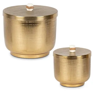 DRW Set mit 2 runden Boxen aus Holz und Metall, vergoldet, 16 x 16 x 15 cm und 12 x 12 x 12 cm, Gold, 16x16x15cm y 12x12x12cm