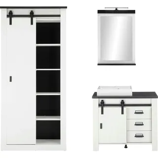 Badmöbel-Set HOME AFFAIRE "SHERWOOD, Bad im modernen Design, 3-teiliges Badezimmer", weiß (pinie weiß dekor), B:156cm H:210cm T:43cm, Holzwerkstoff, Kastenmöbel-Sets, Badmöbel-Set, in 2 Farben verfügbar, Scheunentorbeschlag & Apothekergriff aus Metall