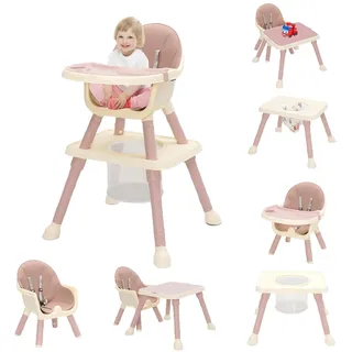 Hochstuhl Baby 7 in 1 Kinderhochstuhl,Babystuhl mit kinderstuhl Esstisch,Fußstütze,Korb,Sicherheitsgurt und Abnehmbares Doppeltablett,Babyhochstuhl ab 6 Monate bis 6 Jahre Babystuhl (Rosa)