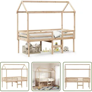 The Living Store Hochbett mit Dach 80x200 cm Massivholz Kiefer - Braun