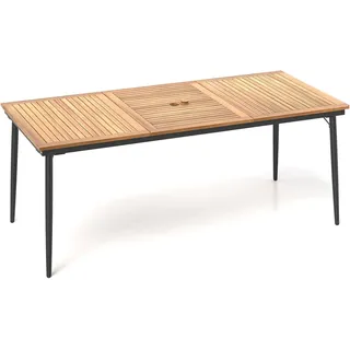 KOMFOTTEU Gartentisch mit Schirmloch, Esstisch aus Akazienholz, Holztisch für 8 Personen, Terrassentisch 200 x 90 x 75 cm, für Outdoor, Garten, Patio - Naturbelassen