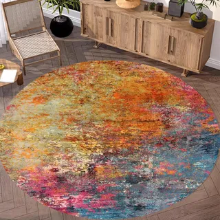 Yaaxinb Teppich Rund, 130 cm, Kurzflor Teppiche Modern Designer Wohnzimmer Schutzmatten Waschbare Matten,Modern Abstrakt Blau Fuchsia Rosa Orange Mehrfarbig,Bunt,