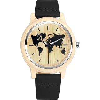 MicLee Herren Damen Unisex Bambus Weltkugel Weltkarte Holzuhr Analog Quarzwerk Armbanduhr mit Lederband Für Frauen Männer Geschenke