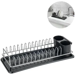 Avilia Abtropfgestell mit Fächern und Abtropfschale – Abtropfgestell mit abnehmbarem Besteckabtropf, aus Kunststoff und Metall, 40 x 10 x 18 cm, Schwarz