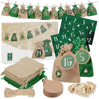 LIVAIA Adventskalender Zum Befüllen - Stoff Adventskalender 2024 Mit 24 Jute Säckchen, Zahlenaufkleber, Geschenk Anhänger, Band - Adventskalender Kinder Zum Selbstbefüllen - Grün und Gold