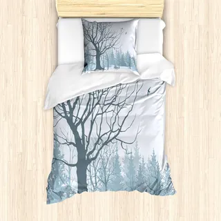 ABAKUHAUS Winter Mantele, Verschneiten Wald Bäume Vögel, Milbensicher Allergiker geeignet mit Kissenbezügen, 135 cm x 200 cm - 80 x 80 cm, Petrol Blau - Blau