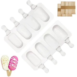 2 Stück Eisformen Eis Am Stiel, Eisformen Silikon, Eis Am Stiel Formen, Cake Pop Stiele, Dessertform Eisförmchen, Cakesicles Silikonform Mit 100 Eisstiele Holz (Weiß)