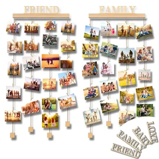Uping Bilderrahmen Collagen, 2er Set Bilderrahmen Fotowand Mit 45 Kleinen Holzklammern und 8 Hanfseil für Wohnkultur Geschenk für Geburtstag Hochzeit Weihnachten Usw (FAMILY LOVE BABY FRIEND)