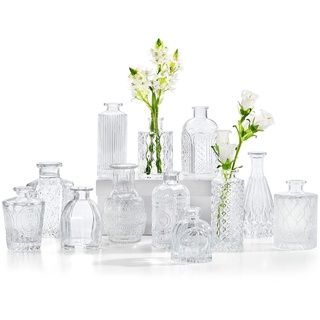 CUCUMI Glasvasen, Set mit 12 Stück, kleine Vasen für Tafelaufsätze, Vase für Blumen in Großpackung für rustikale Hochzeit, Zuhause, Tischdekorationen