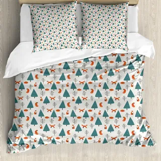ABAKUHAUS Fuchs Bettbezug, Snowy-Winter im Wald, Milbensicher Allergiker geeignet mit Kissenbezügen, 155 cm x 220 cm - 80 x 80 cm, Teal Orange Schwarz - Orange