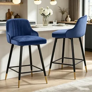 Samt Barhocker 2er Set mit Rückenlehne, 360° Drehbar, 65 cm Sitzhöhe, Ergonomische Gepolsterte Barstühle mit Stabilen Metallgestell, Pflegeleicht für Küche, Tresen, Bar & Esszimmer Blau - Blau