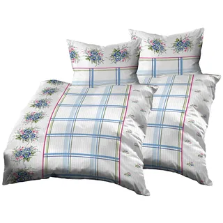 Gerald Wittmann 4teilig Bettwäsche-Set 2X 140x200 cm + 2X 70x90 cm, Baumwolle Seersucker, Kariert Blumen Weiß Blau Rosa