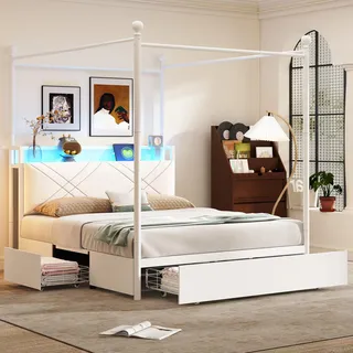 Flieks Jugendbett Metallbett 140x190cm mit 3 Schubladen, Kinderbett Doppelbett mit Led und Ladefunktion, Himmelbett Stauraumbett, Weiß - Weiß