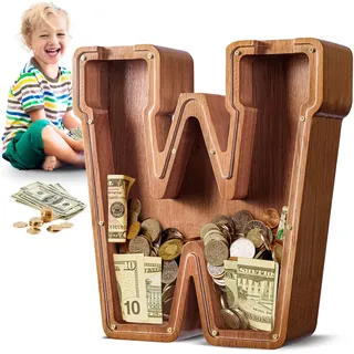 Summidate Spardose für Kinder Junge, Personalisiert Holz Großes Sparschwein, Unzerbrechliches Buchstabe A-Z Sparbüchse für Kinder Mädchen, Erwachsene, Geschenk&Dekoration
