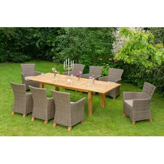 Merxx Garten-Essgruppe Toskana, (17-tlg., 8x Sessel, 1x Doppelausziehtisch 180(220/260)x100 cm, inkl. Sitzkissen), Aluminium, Polyrattan, Akazienholz FSC 100 %, geeignet für 8 Personen braun