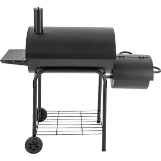 Outdoor Holzkohlegrill - BBQ Smoker - Gusseisen - Seitenablage - Räder - Ablagen - 147×70×126 cm - Schwarz