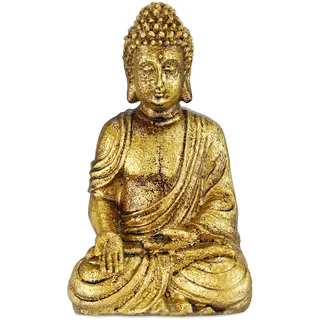 Relaxdays Buddha Figur Garten, wetterfest & frostsicher, Gartenbuddha sitzend, Gartenfigur, HxBxT: 17 x 10 x 7 cm, Gold