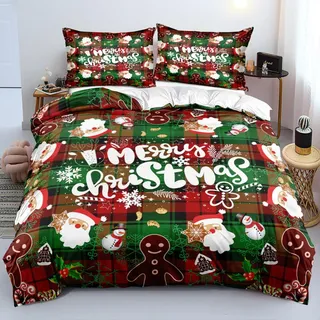 Luowei Weihnachten Bettwäsche 155x220 Weihnachts Grün Rot 3D Bettwäsche Weihnachten Weich Christmas Bettbezug Set 3 Teilig für Jugendliche Jungen Kinder mit Reißverschluss und 2 Kissenbezüge 80x80 cm