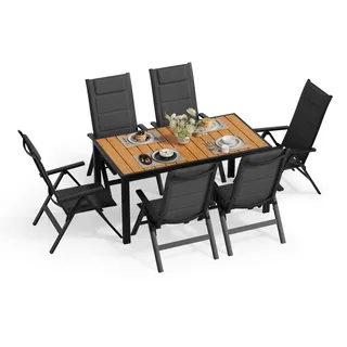 JUMMICO Gartenmöbel Set Klappbar, 5-Fach Verstellbarer Aluminium Sessel mit Holztisch, Wetterfestes Terrassenmöbel für Balkon und Garten