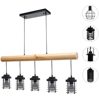 Pendelleuchte HWC-H83, Hängelampe Hängeleuchte, Industrial Vintage Massiv-Holz Metall schwarz ~ 5 Kä