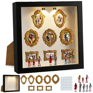 LUKIUP Mini Museum Silhouette Box DIY Set, 8 Mini Goldene Rahmen & 8 Zufällige Figuren Set, Kreativer Bilderrahmen mit LED Licht, Idee für Jahrestag Geschenke Freunde