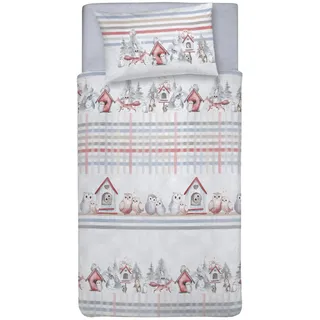 PENSIERI DELICATI Einzelbettbezug Set 100% Baumwolle, 150x200 cm und 1 Kissenbezug 52x82cm, Made in Italy, Maschinenwaschbarer Bettbezug bei 40°, Eule Rot