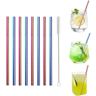 Kurze Strohhalme Edelstahl wiederverwendbar Metall Strohhalm Cocktail Kleine Mini Kurz Trinkhalme für Cocktails Party Zubehör Straws mit Bürste, Bunt 8 Stück