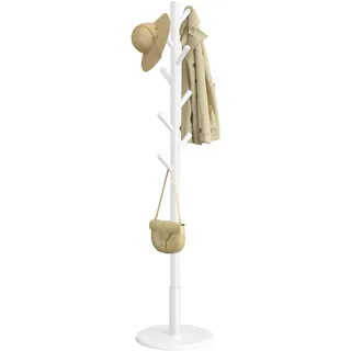 VASAGLE Garderobenständer, Kleiderständer Massivholz, Jackenständer Baumform, 8 Haken für Jacken, Hüte, für Flur, Haken und Haltestange aus Kautschukholz, wolkenweiß RCR009WH01