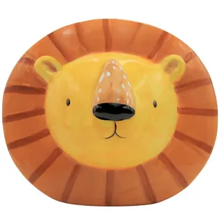 Sparfigur, Spartier, Spardose, Sparbüchse, Kinderspardose, Sparfigur, Sparschwein als Löwenkopf, Sparhund, Sparschwein, Dekolöwe mit Sparfunktion aus Keramik in gelb, L/B/H 16 x 11 x 13 cm.