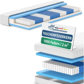 AM Qualitätsmatratzen | 1000 Federn 7-Zonen Taschenfederkernmatratze - 100x200 cm - H1 | Tonnentaschenfederkernmatratze | 100/200 | Federkernmatratze | Härtegrad H1 | 7 Zonen | 24 cm Höhe - Weiß