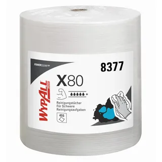 WypAll X80 Power Clean Tücher, 1-lagige, industrielle Reinigungstücher mit Hydroknit-Technologie, wiederverwendbar, auf rauen Oberflächen geeignet, 1 Paket = 1 Rolle à 455 Wischtücher, Artikel-Nr. 8377