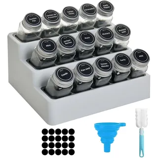 3-stufiger Gewürzständer Küchen-Gewürzständer Organizer Gewürzregal 15 Gläser Gewürzregal Stehend für Küche und Schran für Schrank,Arbeitsplatte,Speisekammer mit 20Tags,1 Trichter,1 Reinigungsbürste